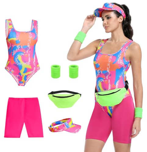 Tosjack 80er Damen Fitness-Kostüm, 80er Jahre Outfit für Erwachsene, Badeanzug für Halloween-Cosplay, Partnerkostüm-Set