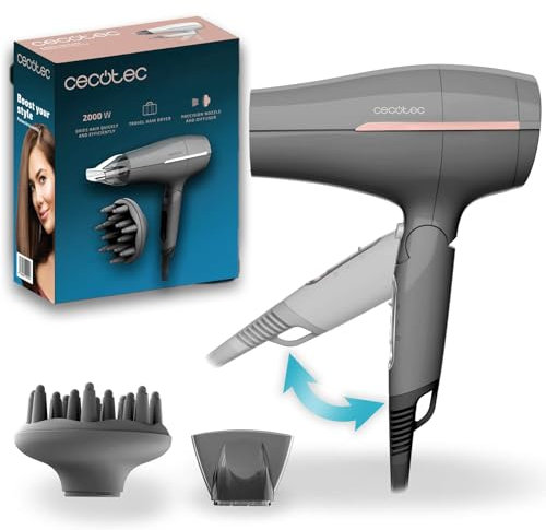 Cecotec Sèche-cheveux de Voyage IoniCare Power&Go Heaven Grey, 2000W, 2 Températures, 2 Vitesses, Fonction Air Froid, Buse Concentratrice et Diffuseur, Anneau pour Suspendre
