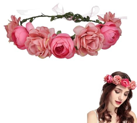 Heanvmyss Corona di Fiori di Rosa,Corona di Fiori Messicana,Sposa Coroncine Fiori,Capelli Ghirlanda di Fiori,Regolabile Floreale Corona Fascia per Matrimonio,Festa,Spiaggia(Rosa)