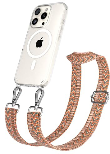 EAZY CASE Handykette - Verstellbares Taschenband kompatibel mit iPhone 16 Pro, Schulterriemen, Handykordel mit Silikon Hülle, Qi Charging kompatibel, Umhängetasche, Orange Grün Silber