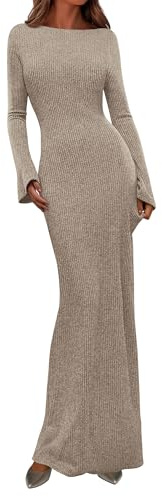 PRETTYGARDEN Women's Fall Long Sleeve Bodycon Maxi Dresses (Apricot,L)