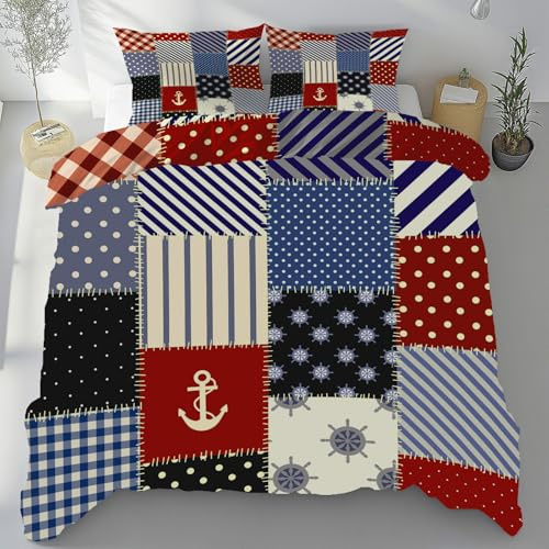 Sobhdga Jahrgang Maritime Bettwäsche 135x200 3teilig, Ruder Anker Bettwäsche-Sets Mikrofaser, Geometrie Patchwork Bettbezug Weich, mit Reißverschluss Und 2 Kissenbezug 80x80 cm