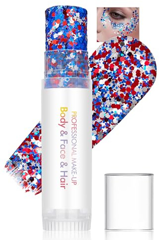 Glitzerstifte, Blau Rot Chunky Body Glitter Stick, Sequins Creme Gel Kit | Rainbow Glitzer Gesicht Stick, Long-Lasting Wasserfester, Valentinstag Festival Zubehör Rave Outfit Damen Herren-14