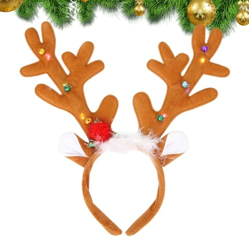 Beleuchtete Weihnachts-Stirnbänder – LED Haarreifen mit Elchgeweih & Glocken | Lustige Frohe Weihnachten Haarreife für Damen, Party, Fotoshooting, Kostüm & Festliche Deko