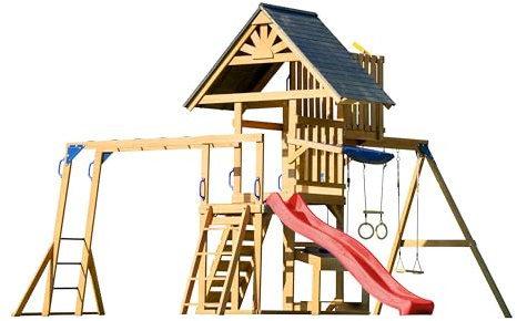 AXI Mitch Spielturm aus Holz in Braun mit Doppelschaukel | Spielplatz für Kinder mit Roter Rutsche, Schaukel, Trapez, Kletterwand, Aussichtsturm & Sandkasten | Stelzenhaus für den Garten