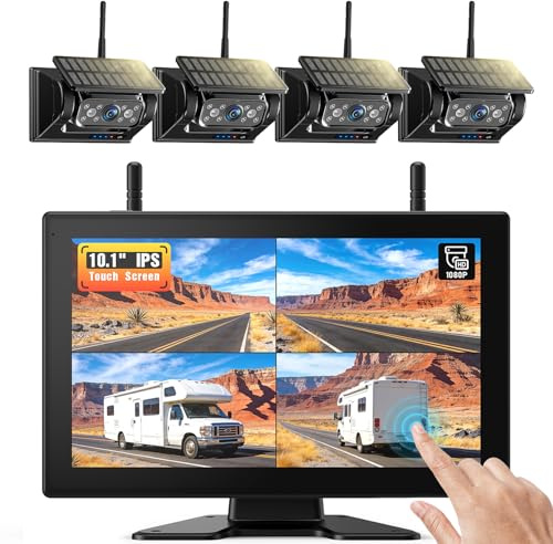 4 HD1080P Magnetisch Solar Touchscreen Rückfahrkamera Kabellos | 10'' Loop Aufnahmemonitor, kabelloses Quad RV Rückfahrkamera System für Anhänger, Wohnmobile, Eingebauter 9600 mAh Solar Akku