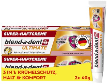 Blend-a-dent Ultimate Haftcreme, 2X 40g | 3in1 für Zahnprothesen: Krümelschutz, Starker Halt Und Komfort, Geschmacksneutral