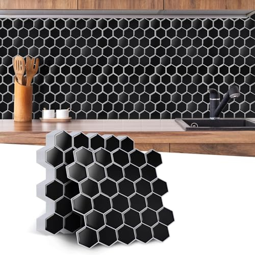 ISOISL Klebefliesen Selbstklebend, Wasserdicht & Hitzebeständig - Fliesenaufkleber für Küche und Bad - Einfach zu Reinigen (10er Set, Hexagon-Design, Schwarz)