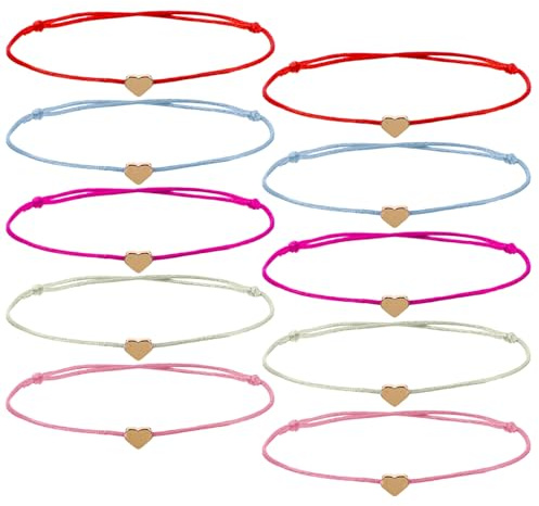 Skrfren 10 Pack Heart String Bracelets for Women, Adjustable Heart Bracelet with Gold Hearts Cord, Pinky Promise Bracelet for Women Men, Red Thread Bracelets for Family Friends
