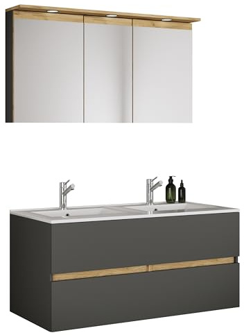 VCM 3-TLG. Doppelwaschtisch Cosila mit Doppel Keramikbecken – Badschrank H. 51 x B. 111 x T. 51 cm mit 2 Softclose-Schubladen, Spiegelschrank mit Beleuchtung & Steckdose, Waschplatz Set Cosila-I