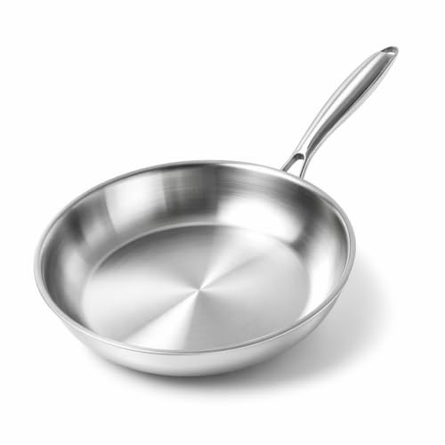 Stainless Steel Uncoated Frying Pan | Induction Hob Safe | Dishwasher & Oven Safe | for Healthy Searing & Sautéing | Metal Utensil Friendly (24CM)