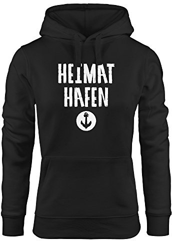 MoonWorks Damen Kapuzen-Pullover Heimat-Hafen Anker Hoodie schwarz XL