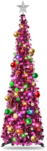 MACTING Albero di Natale pop-up da 1,5 m, con supporto, facile da montare, con glitter, decorazione natalizia (fucsia)