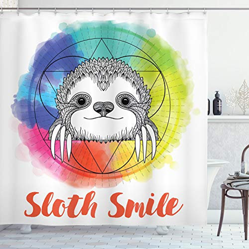 ABAKUHAUS Tier Duschvorhang, Regenbogen Sloth Sketch, Stoffliches Gewebe Badezimmerdekorationsset mit Haken, 175 x 180 cm, Weiss Mehrfarbig