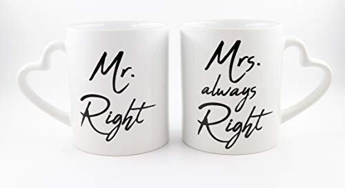 Zwei Tassen mit Herzhenkel Mr. Right & Mrs. always Right, Kaffeetasse, Keramiktasse, Tasse mit lustigem Spruch, Hochzeitsgeschenk, Partnertassen