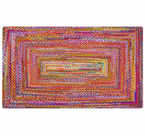 RAJRANG BRINGING RAJASTHAN TO YOU Chindi Rag Rug - 91x152 cm 100% Baumwolle Multi Color Handwoven Geflochtenes Rechteck Large Floor Home Decor Chindi Large Rugs