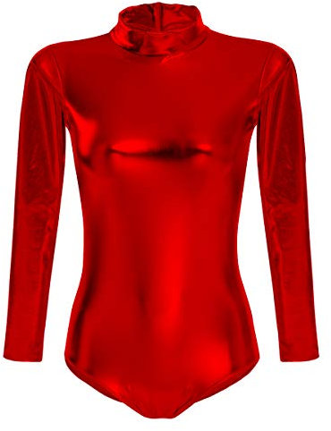 FYMNSI Damen Glänzende Ballettanzug Ballettbody Sport Tanz Body Gymnastikanzug Trikot Langarm Bodysuit Metallic Wetlook Einteiler Turnanzug Leotards Overall Lack Leder Oberteile Tops Kostüm Rot S