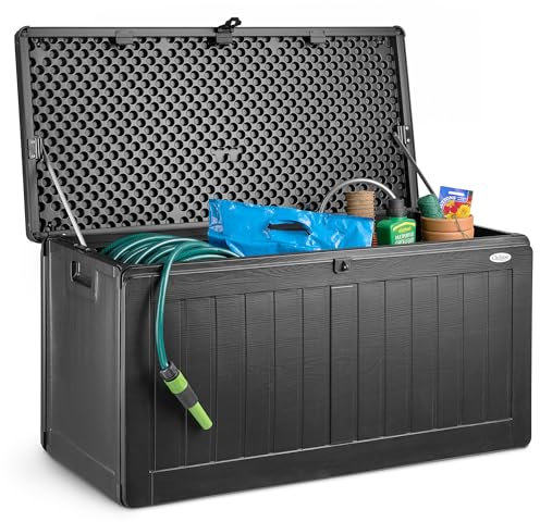 CHRISTOW Waterproof Garden Storage Box With Lockable Lid, Plastic Wood Effect Outdoor Storage Box, Aluminium Hinges, 190L