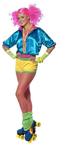 shoperama 3-teiliges 80er Jahre Skater Girl Damen-Kostüm Jacke Top Shorts 80`s Achtziger Rollschuh-Disco Rollerblades Neon, Größe:M