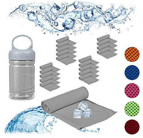 Relaxdays 20 x Kühlendes Handtuch, Mikrofaser, Kühltücher Hals, Sport & Fitness, mit Box, Kühlhandtuch Yoga, 90 x 30 cm, grau