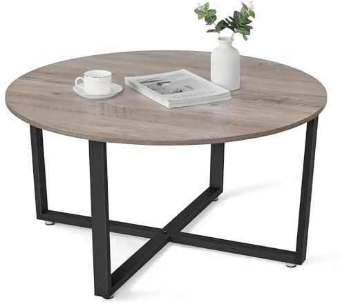 VASAGLE Couchtisch rund, Wohnzimmertisch, Sofatisch, Kaffeetisch, stabiles Stahlgestell, einfacher Aufbau, Industrie-Design, Greige-schwarz LCT088B02