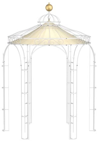 ELEO Pavillon Siena weiß mit Sonnensegel und Dekorkugel - rund 2x2m Rankpavillon für den Garten handgeschmiedet Schmiedeeisen - Rosenpavillon Metall stabil pulverbeschichtet Weiss - Sonnenschutz Dach