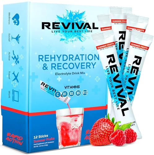 Revival Rapid Rehydration Electrolytes Powder | High Strength Sachet Drink Plant Based Hydration Electrolytes Sachets with Vitamins B1, B3, B5 & B12 Summer Fruit 12 Pack