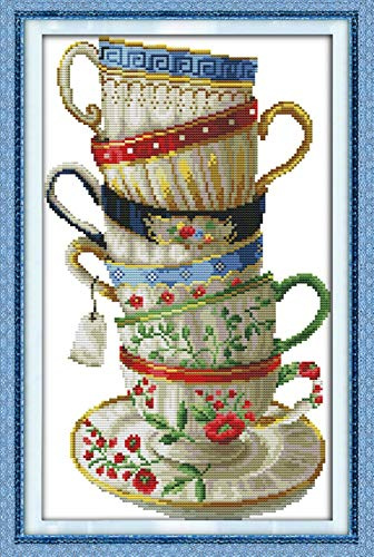 WOWDECOR - Kit de bordado de punto de cruz para adultos y niños, exquisita taza de café con sello de 11 quilates, para bricolaje, costura fácil para principiantes