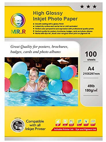 MR.R Inkjet Photo Paper A4 210 x 297mm Glossy 100 Sheets 180gsm for Canon Hp Epson Inkjet Printers