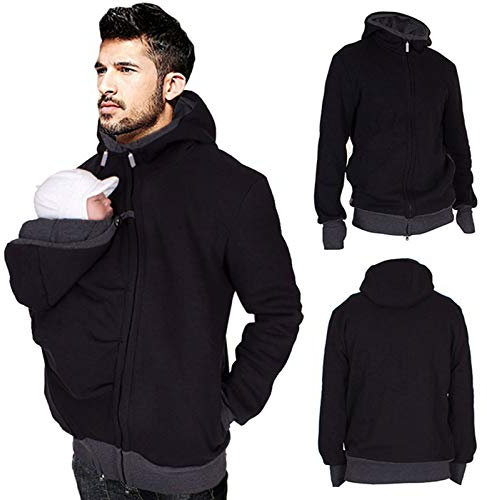 Cappotto di Canguro con Cappuccio Marsupio da Uomo, 2 in 1 Felpa di maternità con Zip in Cotone da Uomo, Calda Giacca Softshell per Marsupio,Nero,L