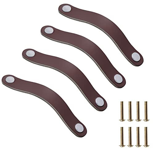 JeogYong Ledergriffe 4 Stück Schrankgriffe Möbelgriffe mit Schrauben Leder Griffe Möbel Schrankknöpfe Vintage Türgriffe für Schrank, Badschrank, Kommode, Schublade, Küchen (96 mm, Braun)