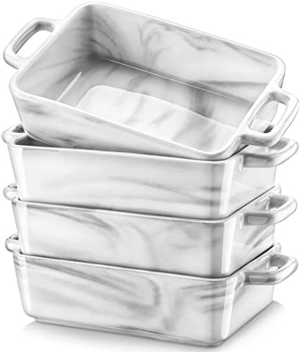 MALACASA, Serie Bake.Grey, 4-TLG rechteckige KLEIN Marmor Porzellan Auflaufform Backform Back Schale Kuchenform Ofenform mit Hohlgriff, 16 x 8,5 x 3,8cm, 220ml