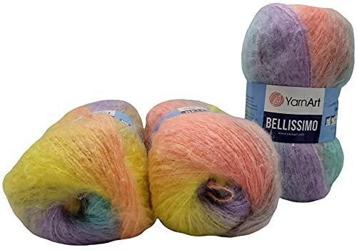 YarnArt Bellissimo 3 x 150 Gramm Strickwolle mit Mohair, 450g Wolle mit Farbverlauf (flieder mint apricot gelb 1413)