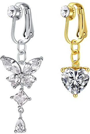 Crdifu 2pcs Clip sur Nombril Anneaux Faux Nombril Piercing Bijoux Papillon Coeur balancent