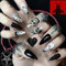 Sethexy Halloween Black Press on Nails Almond False Nails 24Pcs Aesthetic Fake Nails Acrylic Stick on Nails for Women and Girls