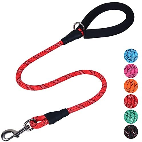 VIVAGLORY Strong Rope Dog Lead, 120CM Walking Training Leash Lead for Small Medium Dogs That Pull, Thick Neoprene Padded Handle and Highly Reflective Threads, Red