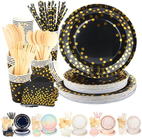Winkim Black & Gold Party Plates - 165pc Tableware Set with Paper Plates, Cups, Napkins, Straws, Spoons, Knives, Forks for Birthday, Wedding, Engagement (20 Guests)
