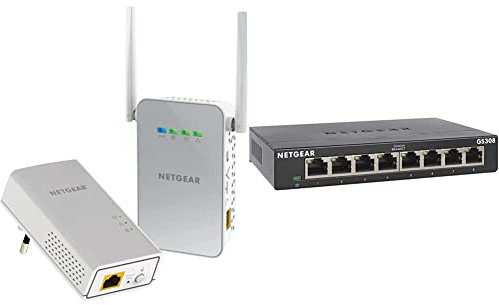 Netgear Plw1000-100Pes Adattatori Powerline Av1000, Wireless Ac Dual Band, 2 Porte Gigabit Totali, 2 Pezzi, Bianco, Ethernet & Switch Ethernet 8 Porte Unmanaged Gs308, Hub Di Rete Domestica, Nero