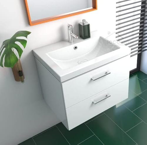 ECOLAM Badmöbel Waschtisch Waschbecken Como 60 cm + Schrank Lara Waschbecken mit Unterschrank 2 Schubladen weiß + Click Clack + Flaschensiphon, modernes Design