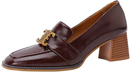 Chunky Heels for Women High Block Heel Square Toe Dress Work Pumps Closed Toe Pumps Wedding Bride Shoes,Brown,38 EU/7 US