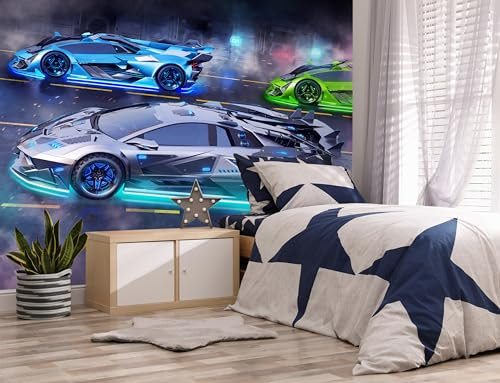 Walltastic Neon Supercars Wallpaper Mural, FSC Paper, Multi, 8 feet High x 10 feet Wide, 1 Size