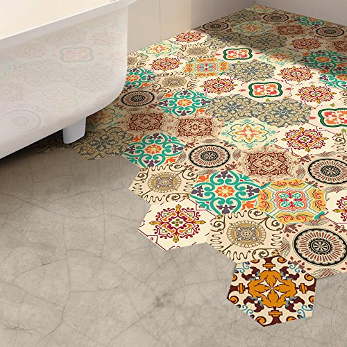 Funlife Sticker adhésif pour carrelages Sol 20x23cm, 30pcs, Imitation Faïence Carreaux de sol en imitation ciment, Baroque