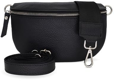 Bella Blossom Bauchtasche Damen, Umhängetasche aus 100% Echtleder, Elegante Crossbody-Bag mit gemusterten & verstellbaren Schultergurt, Schultertasche für jeden Anlass Schwarz2 L