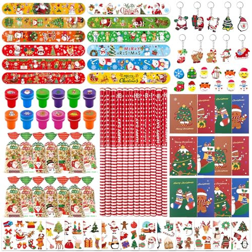 TOPJOWGA Weihnachten Party Mitgebsel, 132 Stück Weinachts Geschenke Für Kinder, Scharmband Süßigkeitstüten Stempel Schlüsselanhänger Bleistifte Radiergummi Tattoos, Weihnachten Mitgebsel Kinder