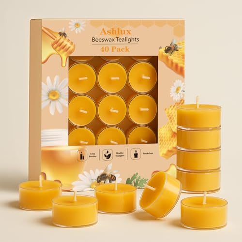 Ashlux Bienenwachs Teelichter, Bienenwachskerzen, 40 Stück, Gelb, 4 Std. | 100% reines Naturwachs, Acrylbecher, tropffrei & rußfrei – ideal für Weihnachten, Hochzeit, Party & Zuhause