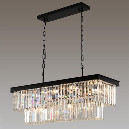 Leomix Kristall-Kronleuchter Für Esszimmer 11-Licht Schwarz Moderner Kronleuchter Rechteck Zeitgenössische Pendelleuchte Für Küche Insel Bar