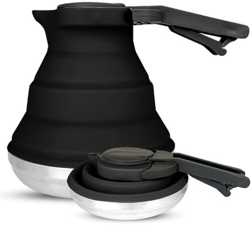 Heather UK Collapsible Foldable Camping Kettle 1.5L Silicone and Stainless Steel - Gas Stove Top, Folding Travel Portable Kettle to Take on Holiday. Portable for Gas Stove Top Caravan Large (Black)