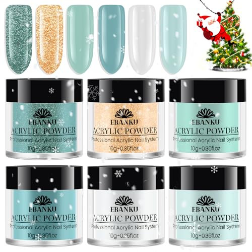 EBANKU 6PCS Christmas Acrylic Nail Powder Set - Professional Green Acrylic Nail Powder for Nail Extension, Manicure Winter Dipping Powder