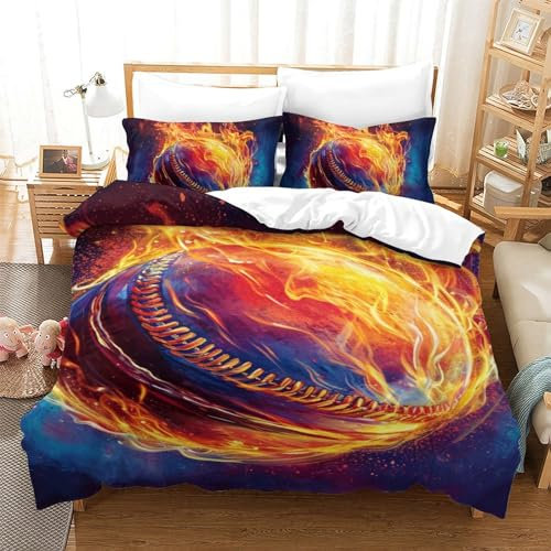 GZCVBDYUY Baseball 3D Gedruckt Bettwaren 3 Teilig Bettbezug Set Mit Kissenbezug Soft Microfaser Luxus Modern Mit Reißverschluss Für Erwachsene Und Kinder Single(140x200cm)