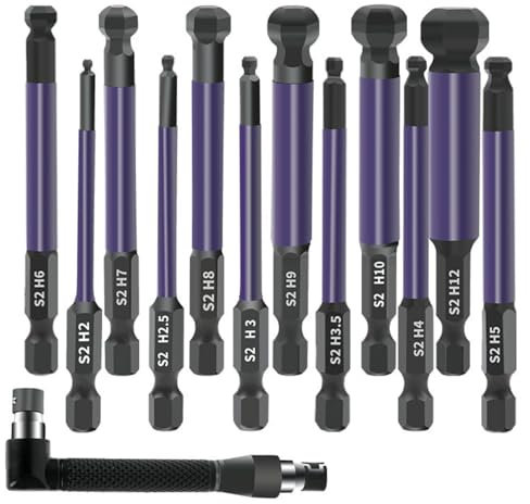 Lcyen 12 PCS Kugelkopfbit S2 75mm, Sechskant Kugelkopf Schraubendreher 2/2,5/3/3,5/4/5/6/7/8/9/10/12mm, Ball End Hex Head Allen Wrench Drill Bit 1/4'' Shank, Innensechskant Bitsatz mit Griff